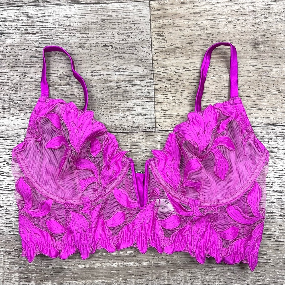 Fleur du Mal Lily Lace Longline Underwire Bra 32C Orchid color